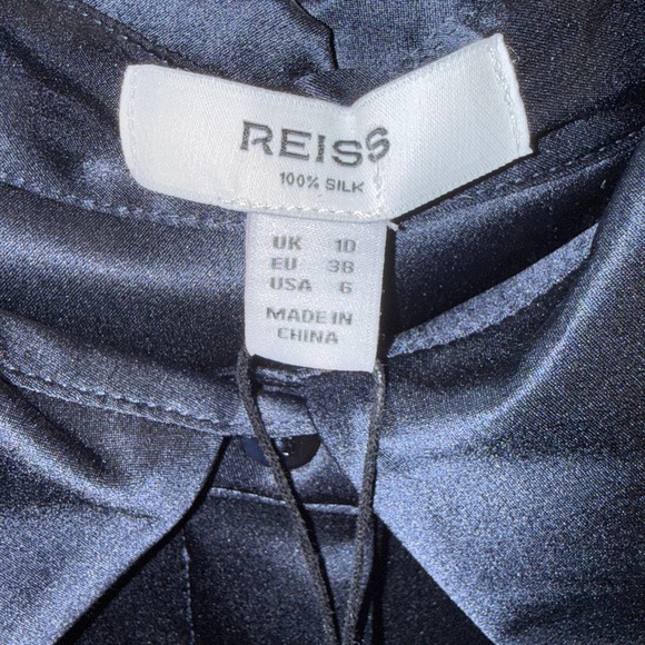 REISS- Silk-Satin Concealed-Placket Shirt in Navy - Picture 8 of 9